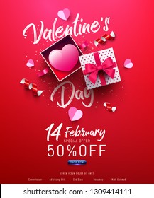 Valentine's Day Sale Poster or banner with sweet gift,sweet heart and lovely items on red background.Promotion and shopping template or background for Love and Valentine's day concept.Vector EPS10