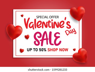 Valentine's Day sale poster banner with Heart Shaped Balloons, voucher discount.