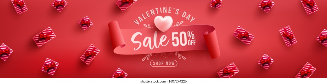 Valentine's Day Sale Poster or banner with sweet gift on red background.Promotion and shopping template or background for Love and Valentine's day concept.Vector illustration eps 10