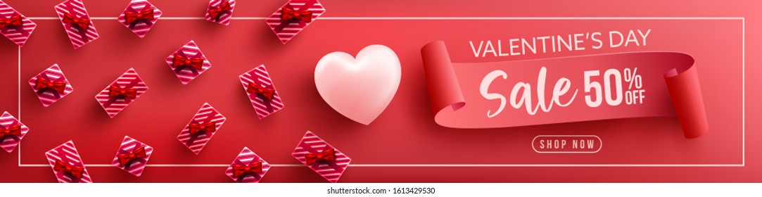 Valentine's Day Sale Poster or banner with sweet hearts and many gift on red background.Promotion and shopping template or background for Love and Valentine's day concept.Vector illustration eps 10