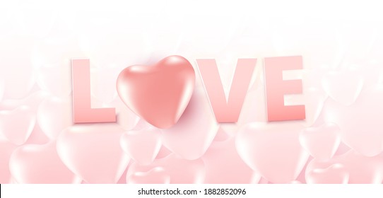 Valentine's day sale poster or banner with many sweet hearts and love text on soft pink color background. Promotion and shopping template or for love and valentine's day.