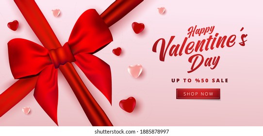 Valentine's day sale poster or banner with many sweet hearts and realistic bow on soft pink color background. Promotion and shopping template or for love and valentine's day.