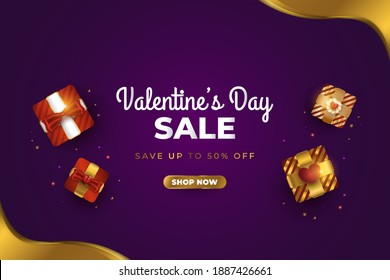 Valentine's day sale poster or banner with realistic gift box and glitter gold confetti on purple background. Promotion or shopping template for valentine's day celebration