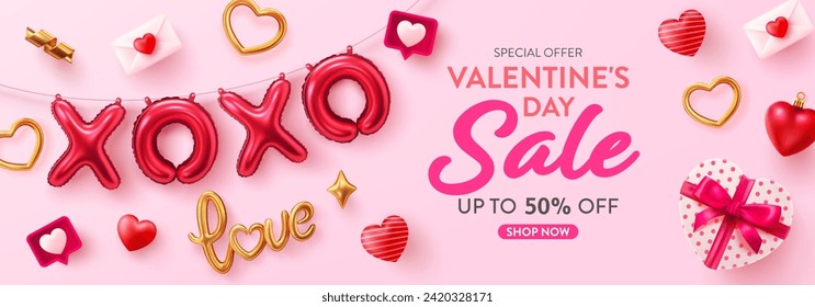 Valentine's day Sale poster and banner template with the XOXO Balloon and Heart Shaped Gift Box.Vector of Valentine's day poster or banner.Greetings and presents for love or Valentine concept.