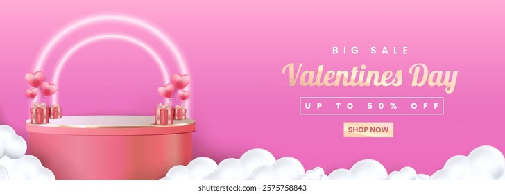 Valentines Day Sale poster or banner offering 50% off, featuring 3D hearts and glitter. Promotional and shopping template designed for Valentine's Day and. EPS 10 format.