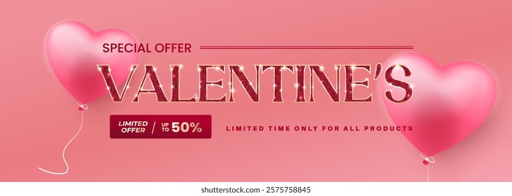 Valentines Day Sale poster or banner offering 50% off, featuring 3D hearts and glitter. Promotional and shopping template designed for Valentine's Day and. EPS 10 format.