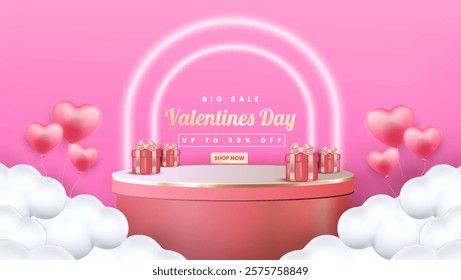 Valentines Day Sale poster or banner offering 50% off, featuring 3D hearts and glitter. Promotional and shopping template designed for Valentine's Day and. EPS 10 format.