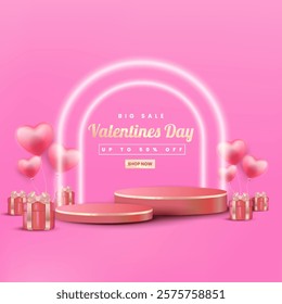 Valentines Day Sale poster or banner offering 50% off, featuring 3D hearts and glitter. Promotional and shopping template designed for Valentine's Day and. EPS 10 format.