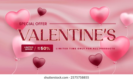 Valentines Day Sale poster or banner offering 50% off, featuring 3D hearts and glitter. Promotional and shopping template designed for Valentine's Day and. EPS 10 format.