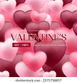 Valentines Day Sale poster or banner offering 50% off, featuring 3D hearts and glitter. Promotional and shopping template designed for Valentine's Day and. EPS 10 format.