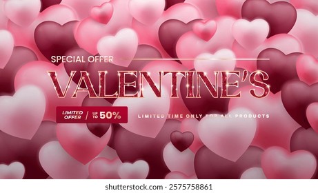 Valentines Day Sale poster or banner offering 50% off, featuring 3D hearts and glitter. Promotional and shopping template designed for Valentine's Day and. EPS 10 format.