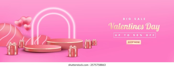 Valentines Day Sale poster or banner offering 50% off, featuring 3D hearts and glitter. Promotional and shopping template designed for Valentine's Day and. EPS 10 format.