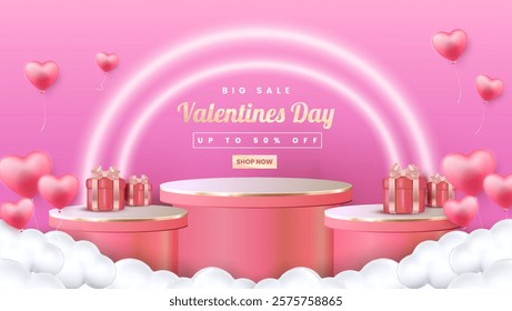 Valentines Day Sale poster or banner offering 50% off, featuring 3D hearts and glitter. Promotional and shopping template designed for Valentine's Day and. EPS 10 format.