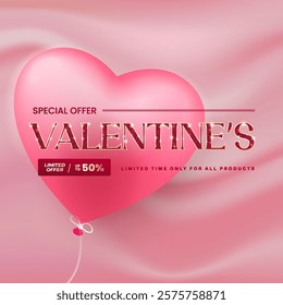 Valentines Day Sale poster or banner offering 50% off, featuring 3D hearts and glitter. Promotional and shopping template designed for Valentine's Day and. EPS 10 format.