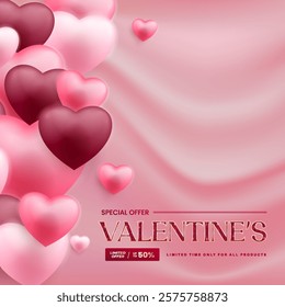 Valentines Day Sale poster or banner offering 50% off, featuring 3D hearts and glitter. Promotional and shopping template designed for Valentine's Day and. EPS 10 format.