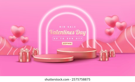 Valentines Day Sale poster or banner offering 50% off, featuring 3D hearts and glitter. Promotional and shopping template designed for Valentine's Day and. EPS 10 format.