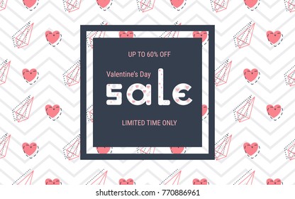 Valentine's day sale poster, banner design. Vector illustration in trendy stylish memphis style. Advertising template