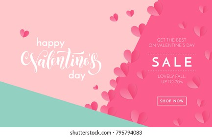 Valentines day sale poster or banner of valentine red heart on trendy background. Vector Valentines day holiday shop discount promo design template of lovely paper hearts