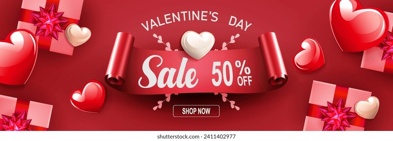 Valentine's day sale poster, chaotically drawn gift boxes and hearts.