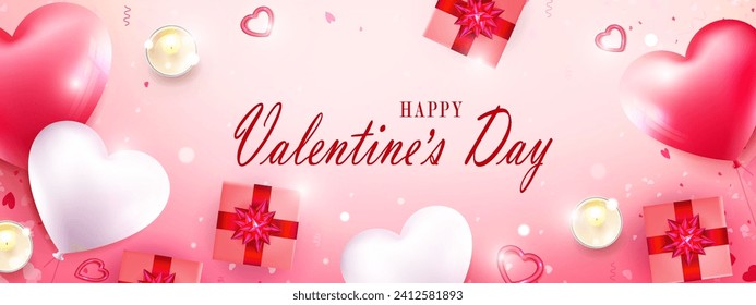 Valentine's day sale poster, composition with heart shaped balloons, scented candles, gift boxes with bow.