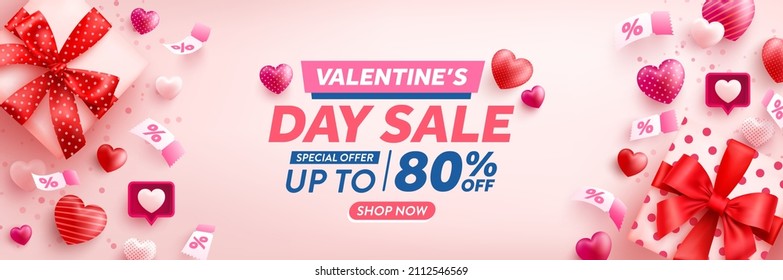 Afiche de la venta del día de San Valentín con corazón lindo, cupón rosa y caja de regalo del día de San Valentín sobre fondo rosado. Plantilla de promoción y compras para el amor y el concepto del día de San Valentín.