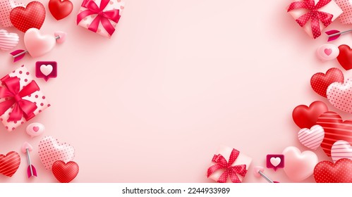 Valentine's Day Sale Poster with cute heart and Valentines day gift box on pink background.Promotion and shopping template for love and Valentine's day concept.