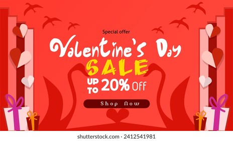 Valentine's Day Sale Poster with cute heart,pink coupon and Valentines day gift box on pink background. Promotion and shopping template for love and Valentine's day concept.