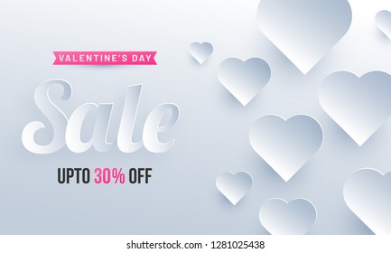 Valentine's Day sale poster design with 30% discount offer and decorative paper cut heart shapes.