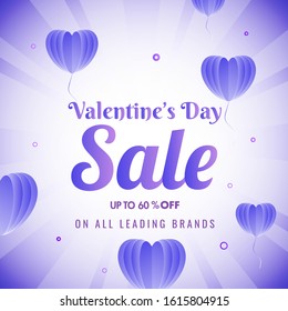 Valentine's Day Sale Poster Design with 60% Discount Offer and Purple Origami Paper Heart Balloons Decorated on Glossy Rays Background.