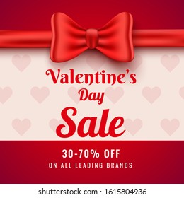 Valentine's Day Sale Poster Design with 30-70% Discount Offer and Red Bow Ribbon Decorated Background for Advertising Concept.