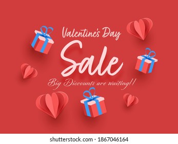 Valentine's Day Sale Poster Design With Origami Paper Hearts And 3D Gift Boxes On Red Background.