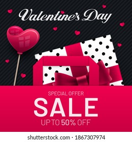 Valentines Day sale poster design with gift box and heart shape in paper bag and heart shape decorations. Red and black colored advertisement invitation banner flyer design for Valentines Day.