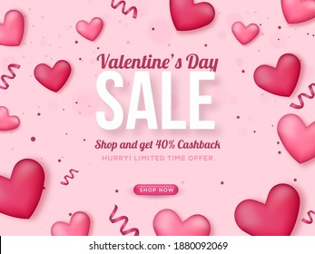 Valentine's Day Sale Poster Design With Top View Glossy Heart and Curl Ribbons Decorated On Pink Background.