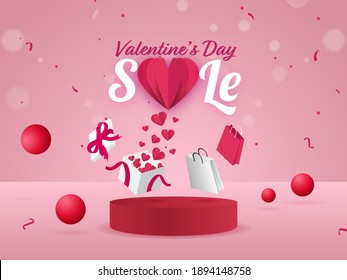 Diseño De Afiches De Venta El Día De San Valentín Con Corazones De Papel Saliendo De Cajas De Regalos, Bolsas De Carga Y Bolas 3D Sobre Fondo De Boquilla Rosa.