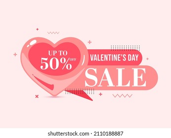 Valentine's Day Sale Poster Design With 50% Discount Offer And Red Heart On Pastel Pink Background.