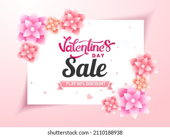 Valentine's Day Sale Poster Design With 60% Discount Offer, Glossy Flowers Decorated On White And Pink Background.