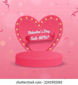 Valentine's Day Sale Poster Design With 60% Discount Offer, Marquee Heart Frame And Empty Podium On Pink Confetti Bokeh Blur Background.