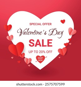 Valentine's Day Sale Poster Design With Discount Offer, Confetti And Glossy Hearts On Red Background.