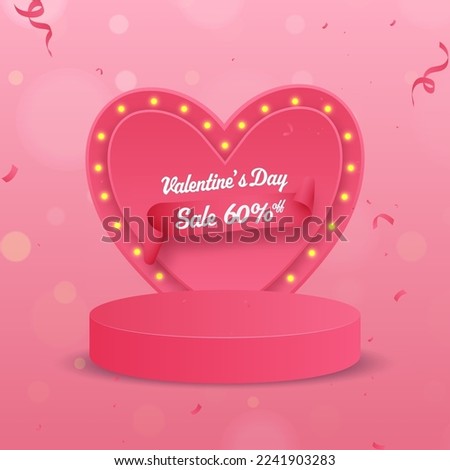 Valentine's Day Sale Poster Design With 60% Discount Offer, Marquee Heart Frame And Empty Podium On Pink Confetti Bokeh Blur Background.