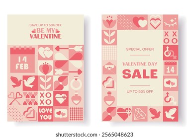 Valentines day Sale poster, flyer with Geometric Mosaic Minimal symbols of holiday. Modern pattern background. Romantic discounts Geometric templates set Pink Pastel. Vector layouts style