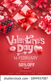 Valentine's Day Sale Poster with gift box on red background.Promotion and shopping template for Love and Valentine's day concept.