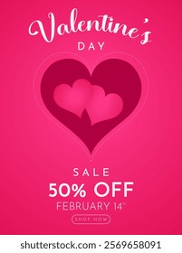 Valentines day sale poster with hearts on pink background. Vector illustration