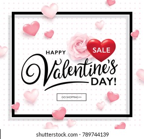 Valentines day sale poster with hearts and rose