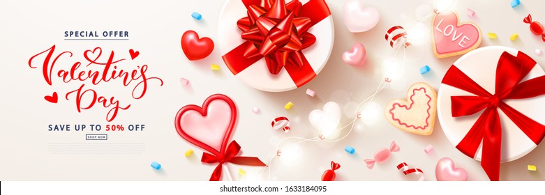 Valentine's day sale poster. Holiday background with gift boxes, cookies, lollipop, serpentine, sweets, hearts and garland. Vector illustration for banner, brochures, booklets