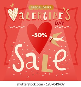 Valentine's Day Sale Poster with Lettering and Decorative Elements. Modern Flat Vector Illustration. Social Media Ads.