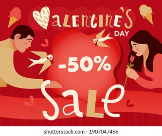 Valentine's Day Sale Poster with Lettering and Decorative Elements. Couple. Pigeons. Modern Flat Vector Illustration. Social Media Ads.