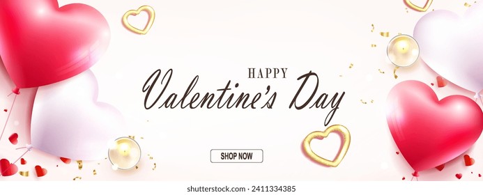 Valentine's day sale poster, light illustration with heart shape balloons, scented candles.