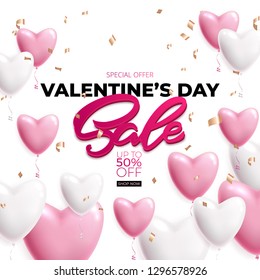 Valentines day sale poster with pink and white balloons. Fifty percent sale poster, advertising, booklet. Vector illustration with isolated design elements