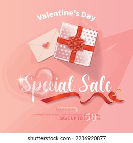 Valentines day sale poster in pink tones with gift box and letter
