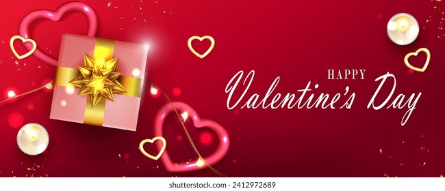 Valentine's day sale poster, pink illustration with gift box with gold shiny bow, scented candles.
